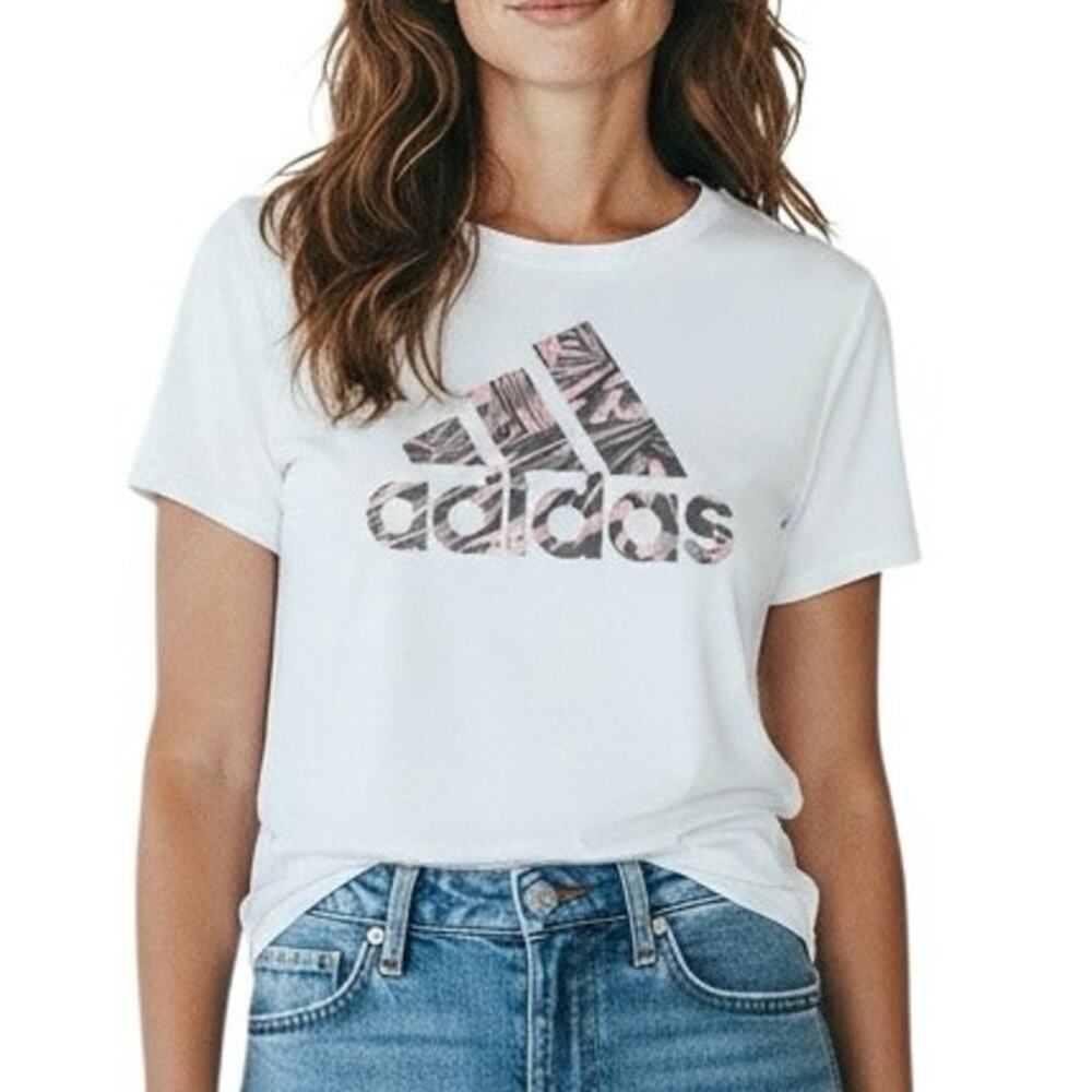 Adidas Pink Camo Logo Graphic Tee White Women’s Medium
